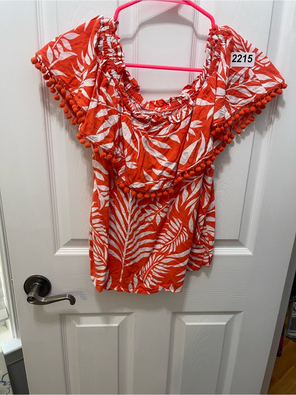 crown & ivy Orange and White Off-Shoulder Pom-Pom Tunic